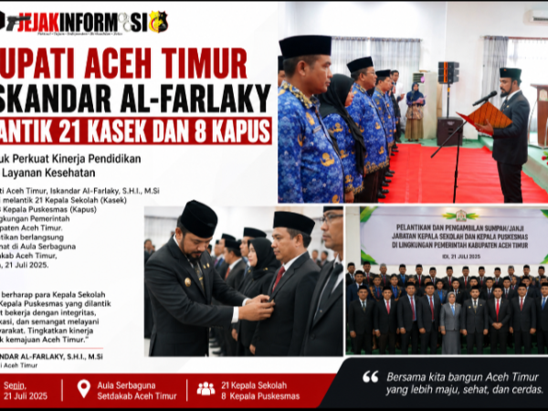 Bupati Aceh Timur Iskandar Al-Farlaky Lantik 21 Kasek dan 8 Kapus