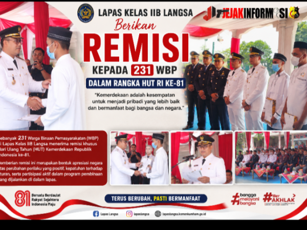 Lapas Kelas IIB Langsa Berikan Remisi kepada 231 WBP Dalam Rangka HUT RI ke-81