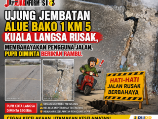 Ujung Jembatan Alue Bako 1 KM 5 Kuala Langsa Rusak, Membahayakan Pengguna Jalan, PUPR  Diminta Berikan Rambu.
