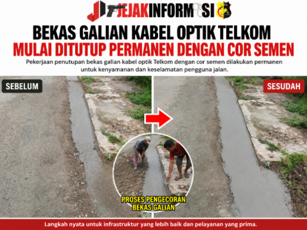 Bekas Galian Kabel Optik PT Telkom Mulai Ditutup Permanen Dengan Cor Semen