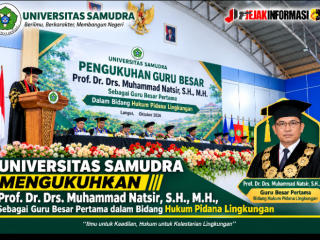 Universitas Samudra (UNSAM) mengukuhkan Prof. Dr. Drs. Muhammad Natsir, S.H., M.H., sebagai guru besar pertama dalam bidang Hukum Pidana Lingkungan