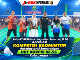 Ketua KORPRI Kota Langsa Dra. Suhartini, M.Pd  Apresiasi Kompetisi Badminton Antar instansi Semarakkan HUT KORPRI ke-55 Kota Langsa